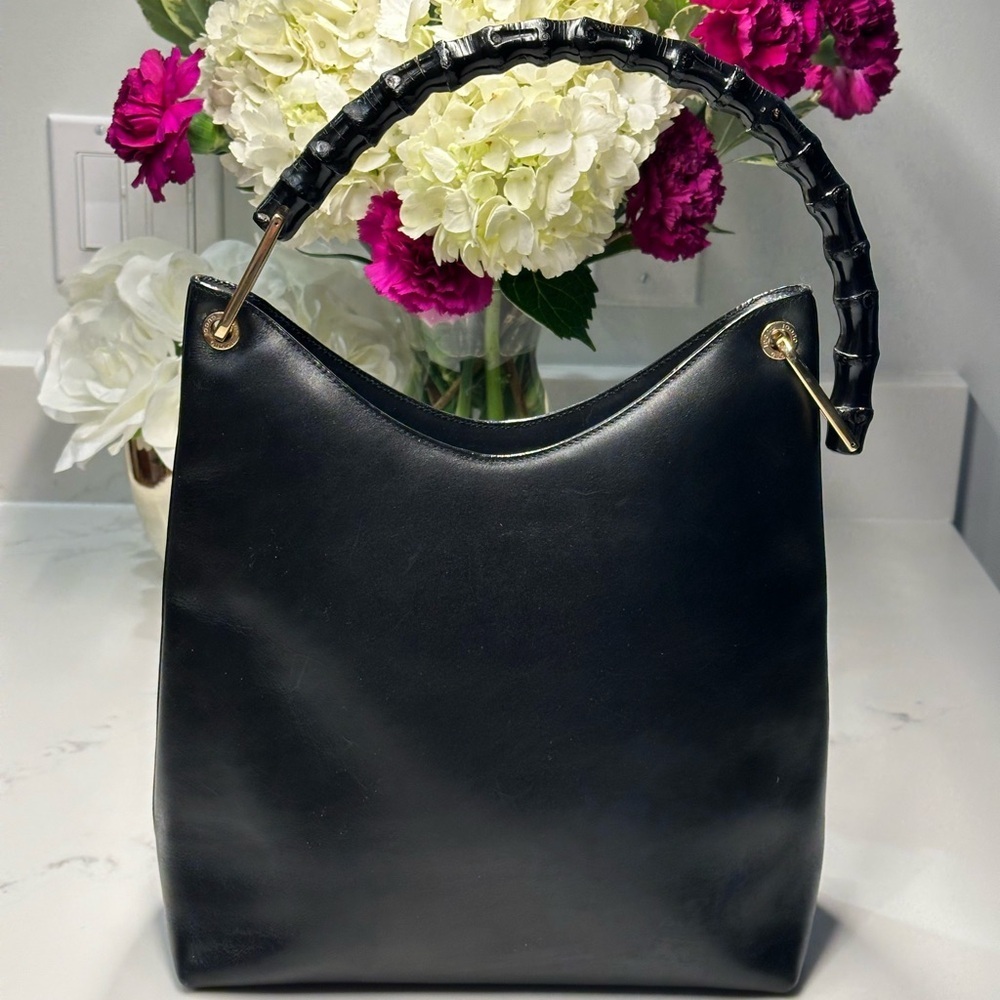 Gucci Black Calf Leather Shoulder Bag with Bamboo Handle + COA